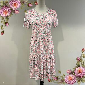 Bombom Floral short sleeve stretchy Midi Dress cottagecore style size small
